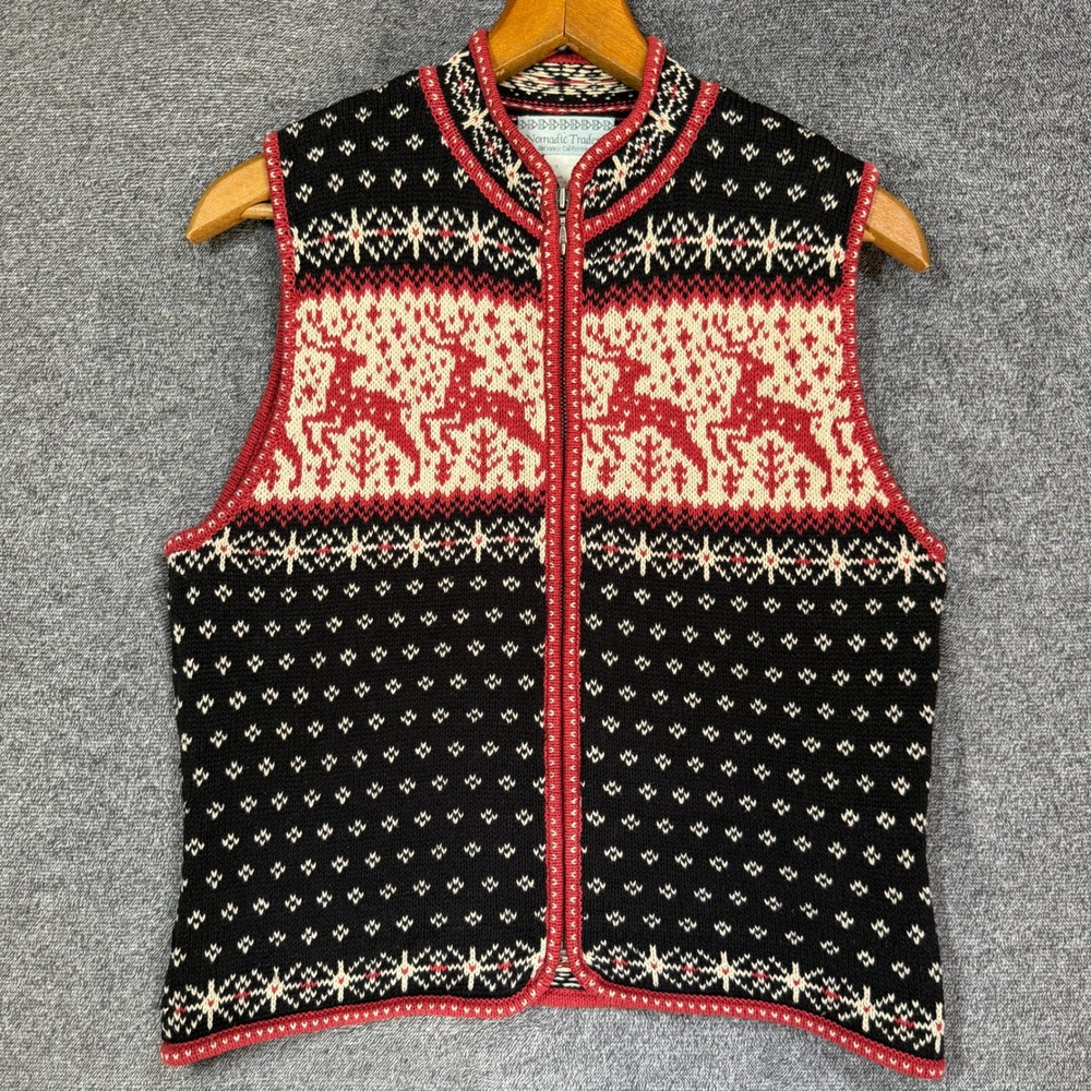 Nomadic Traders Vest Womens M Reindeer Black Red Fair‎ Isle Knit Zip Christmas